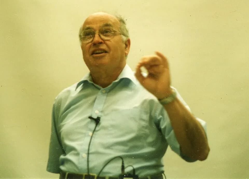 Michael Atiyah - Michael Francis Atiyah at a 1996 Chern symposium, named after Shiing-Shen Chern, in Berkeley, California (maybe UC Berkeley); portion enlarged and then re-scanned