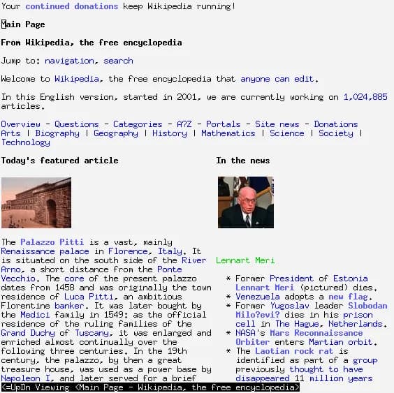 Lennart Meri - w3m in an xterm, displaying the Wikipedia front page with images.