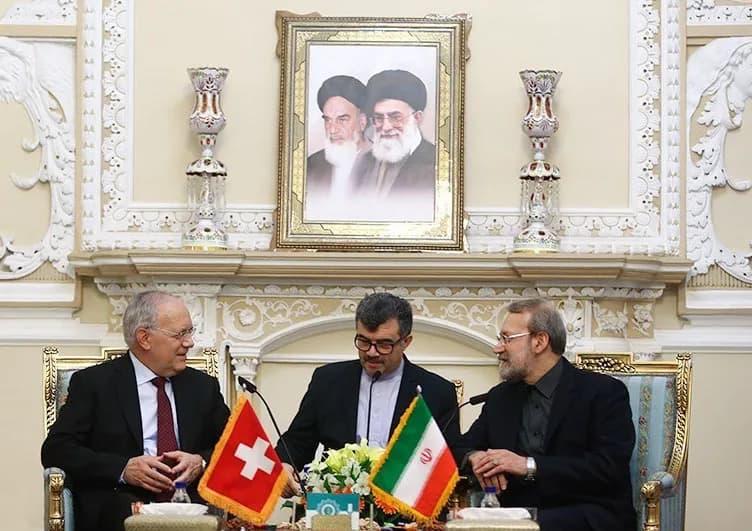 Ali Larijani - دیدار یوهان اشنایدر-آمان، رئیس جمهور وقت سوئیس، با علی لاریجانی، رئیس وقت مجلس شورای اسلامی در ساختمان بهارستان مجلس.