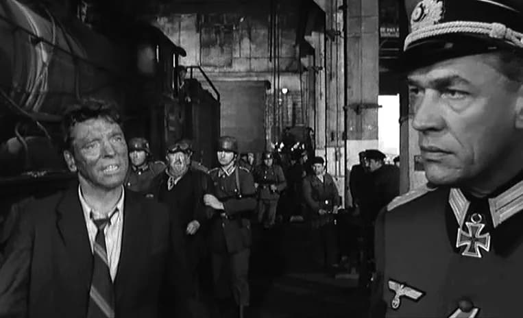 Paul Scofield - L. to R. : Burt Lancaster, Michel Simon (background) &amp; Paul Scofield in The Train - trailer (cropped screenshot)