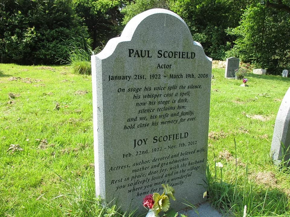 Paul Scofield - The gravestone of the actor Paul Scofield and his wife Joy in St. Mary's churchyard, Balcombe, West Sussex.