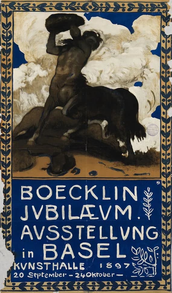 Arnold Böcklin - Plakat der Böcklin-Jubilaeum-Ausstellung 1897 in Basel. Farblithografie. 100,7 x 58,5 cm