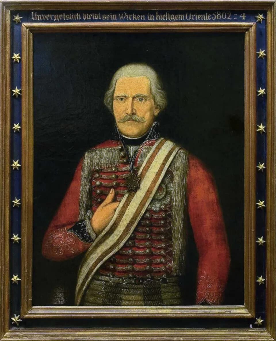 Gebhard Leberecht von Blücher - Major General Gebhard Leberecht von Blücher, by unknown artist (1800). Inscription on the upper frame: "His deeds here in the Oriente will remain unforgotten, 5802-4". 