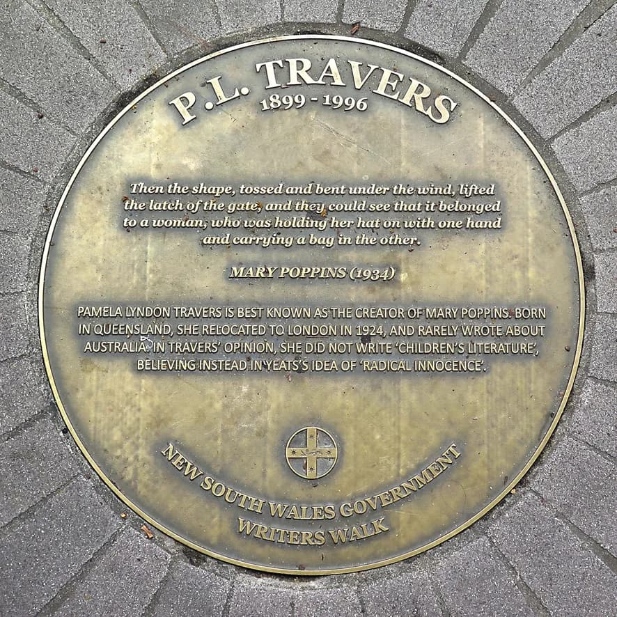 P. L. Travers - A metal plaque set in the sidewalk at Circular Quay in Sydney commemorating author P.L. Travers as part of the Sydney Writers Walk series
