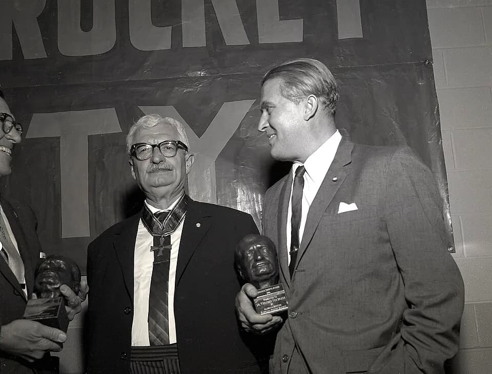 Hermann Oberth - Dr. Wernher von Braun holds the coveted Hermarn Oberth award presented to him by Professor Oberth during the banquet hosted by the Alabama Section of the American Rocket Society (ARS)
