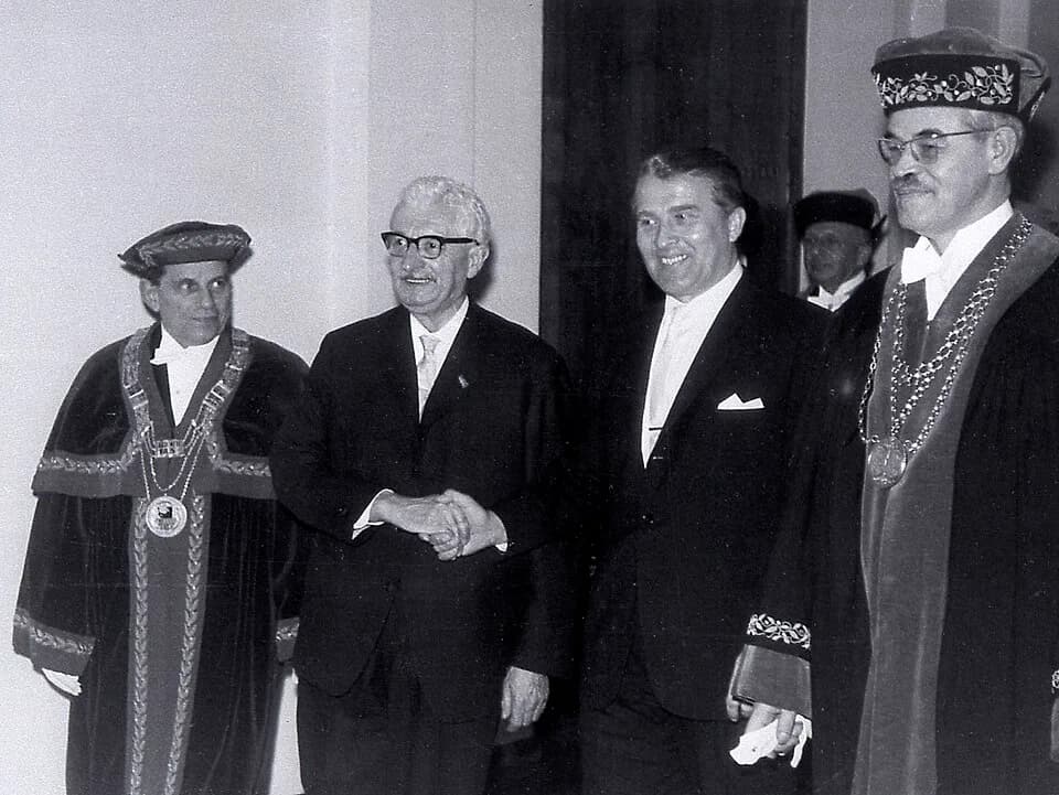 Hermann Oberth - Dr. von Braun and Professor Hermann Oberth are honored by the Berlin Technical University. Both received honorary doctorates on January 8, 1963.