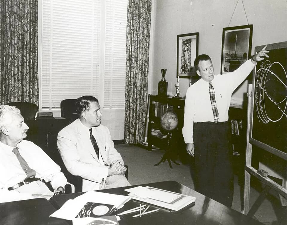 Hermann Oberth - On June 28, 1958, Charles Lundquist (right) gave a presentation on orbital trajectories at the Army Ballestic Missile Agency in Huntsville, Alabama to Hermann Oberth (left) and Wernhe
