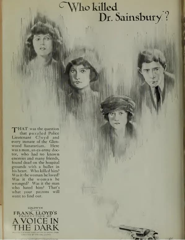 Frank Lloyd - Ad for the American mystery film A Voice in the Dark (1920) directed by Frank Lloyd.