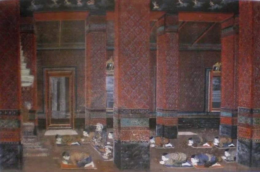 Phutthayotfa Chulalok - A painting of Ong Chiang Sua (Ông chánh-sứ), or Lord Nguyễn-phước-Ánh, an Annamese ruler, in audience with King Rama I in the Amarin Winitchai Throne Hall in Bangkok 1782. Note