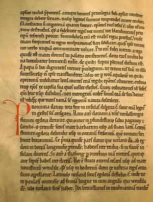 Adam of Bremen - unidentified ms. page of Adam von Bremen's  Gesta Hammaburgensis ecclesiae pontificum. The page includes the beginning of the description of the geography of Denmark (red initial P), 