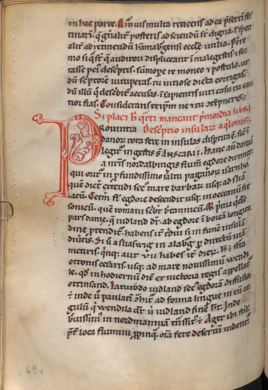 Adam of Bremen - Page from Vienna cod. 521 of Adam von Bremen's Gesta Hammaburgensis ecclesiae pontificum. 
The page includes the beginning of the geographical portion descriptio insularum aquilonis, 