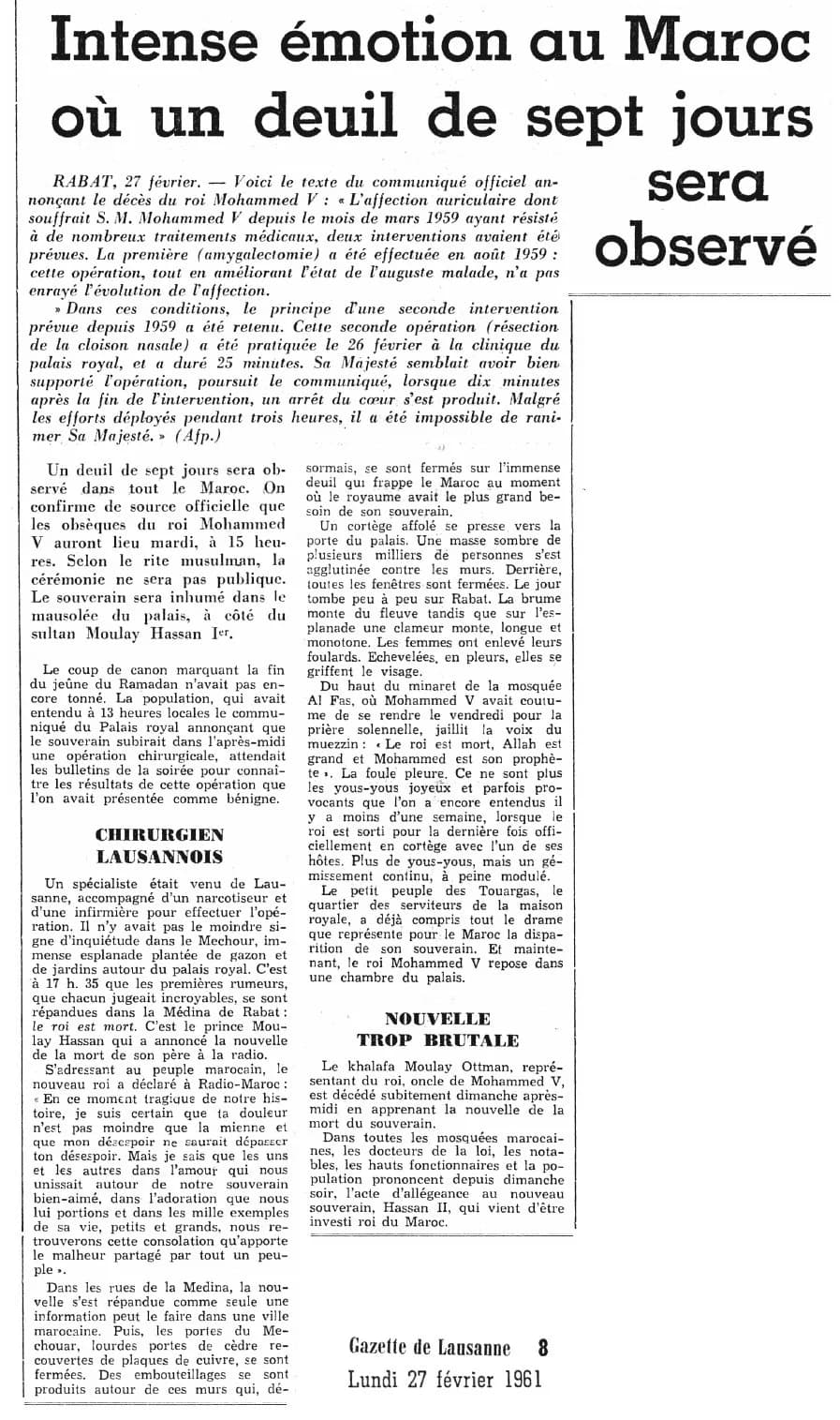 Mohammed V of Morocco - Gazette de Lausanne du lundi 27 février 1961, page 8