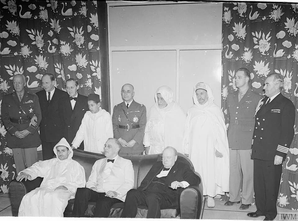 Mohammed V of Morocco - Allies Grand Strategy Conference in N Africa- President Roosevelt Meets Mr Churchill. One of the Most Momentous Conferences of This War Began on January 14, 1943 Near Casablanc