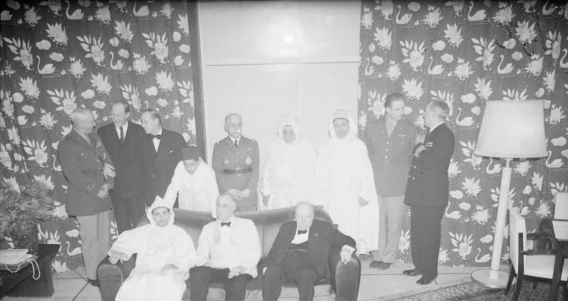 Mohammed V of Morocco - Allies Grand Strategy Conference in N Africa- President Roosevelt Meets Mr Churchill. One of the Most Momentous Conferences of This War Began on January 14, 1943 Near Casablanc