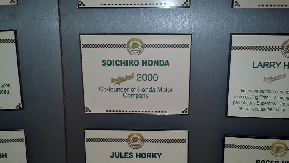 Sōichirō Honda - Name plate of Soichiro Honda, co-founder of Honda Motor, photoed in Motorcycle Hall of Fame Museum in Pickerington, OH 43147 U.S.A.