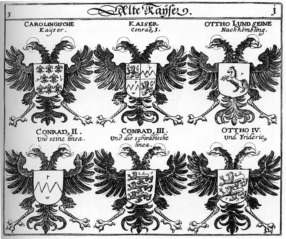 Conrad II - Siebmachers Wappenbuch, Tafeln der 9. Ausgabe 1701 und der 10. Ausgabe 1705, nach dem Faksimile von 1975. Tafel aus Teil 3.
