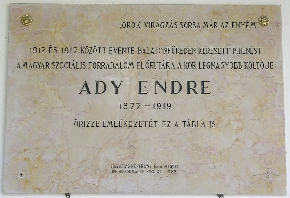 Endre Ady - Commemorative plaque of Endre Ady in Balatonfüred, Gyógy Square No 1
