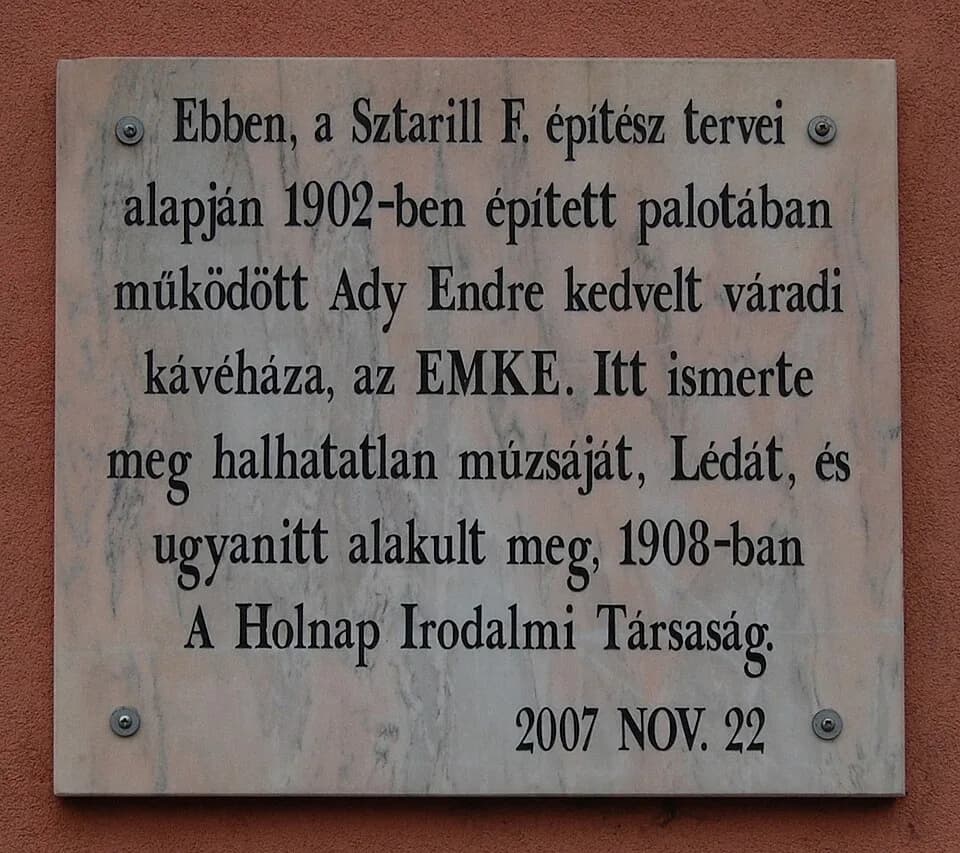 Endre Ady - Ady-emléktábla az egykori EMKE kávéház (ma Astoria Szálló) falán, Nagyváradon, a Színház téren (Erdély, Románia)