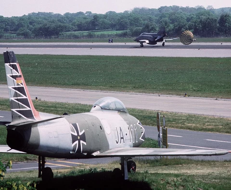 Erich Hartmann - A retired German Luftwaffe Canadair CL13-B Mk6 Sabre at its former home base Wittmundhafen, Niedersachsen (Germany), 25 May 1989. The Sabre JA-111 was the personal aircraft of fighter