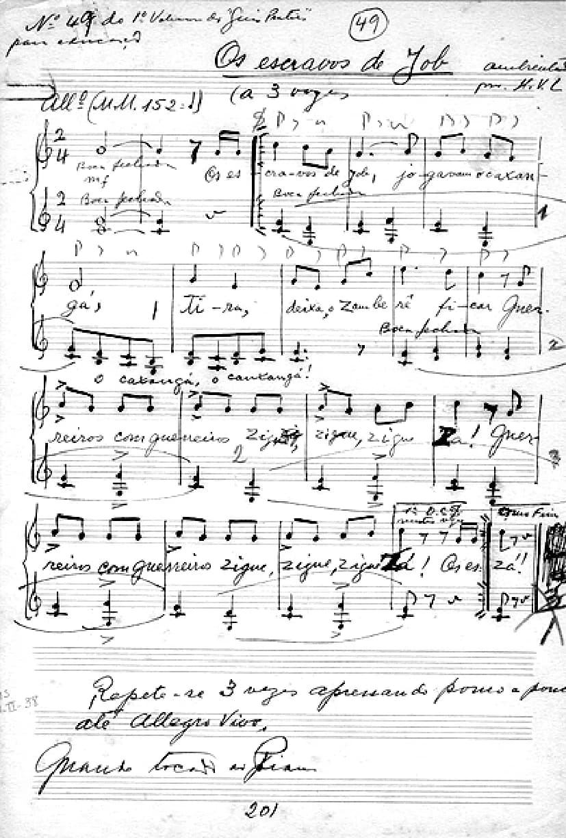 Heitor Villa-Lobos - fac simile da partitura original de Villa-Lobos da música Escravos de Job, disponibilizada pelo Museu Villa-Lobos.