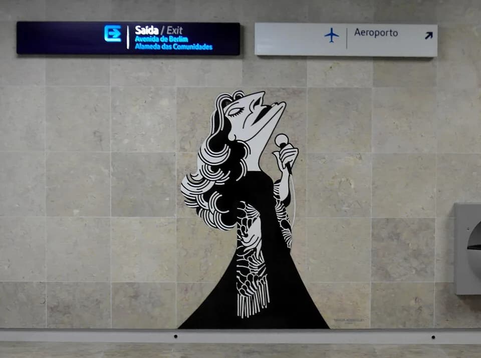 Amália Rodrigues - Cartoon of the Portuguese singer Amália Rodrigues at Aeroporto metro station, Lisbon, Portugal