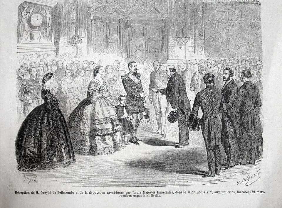 Eugénie de Montijo - Photographie d'un croquis de M. Moulin repris dans le journal Le Monde Illustré, 31 mars 1860. Légende : « Réception de M. Greyfié de Bellecombe et de la députation savoisienne pa