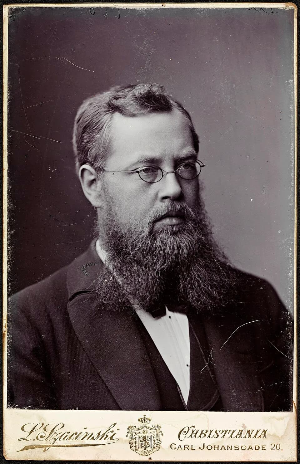 Sophus Lie - Tittel / Title: Portrett av Sophus Lie (1842-1899)
Beskrivelse / Description: Kabinettkort.
Dato / Date: 1896
Fotograf / Photographer: L. Szacinski (Christiania)
Sted / Place: Oslo
Eier /