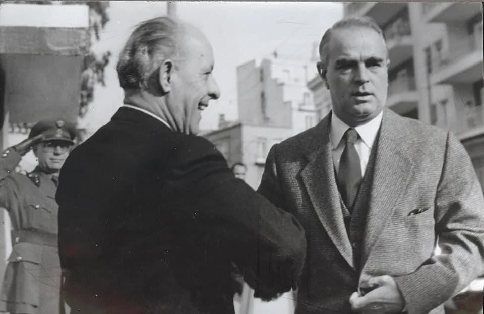 Konstantinos Karamanlis - Prime Minister Konstantinos Karamanlis with Interior Minister Evangelos Kalantzis at the Royal Gendarmerie School