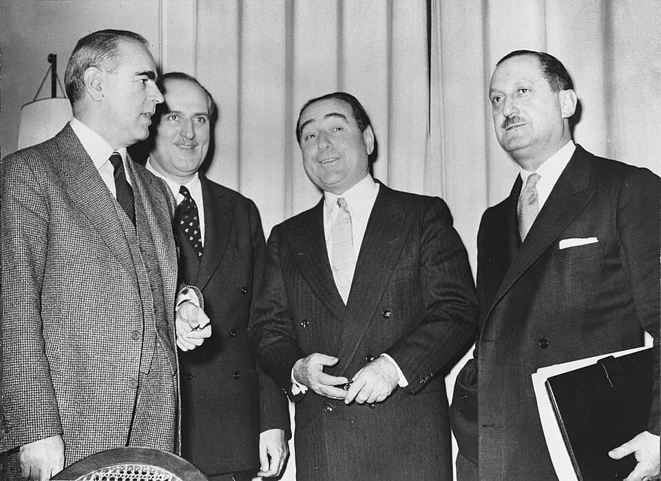 Konstantinos Karamanlis - Cyprus conference between Greece and Turkey in Zurich (from left to right): Greek Prime Minister Konstantinos Karamanlis, Turkish Foreign Minister Fatin Rüştü Zorlu, Turkish 
