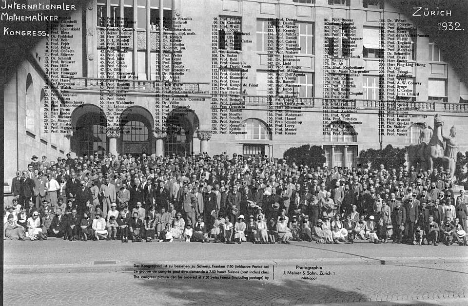 George Pólya - Internationaler Mathematikerkongress, Zürich 1932 – Gruppenbild. Montage mit den Namen und Positionen der Teilnehmer.
