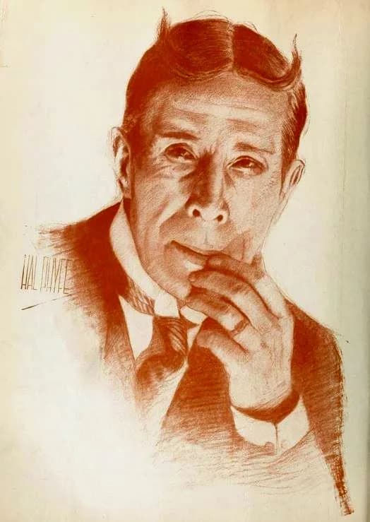 George Arliss - Drawing of British actor George Arliss for an advertisement for the American film The Devil (1921), facing page 5 of the February 6, 1921 Film Daily.