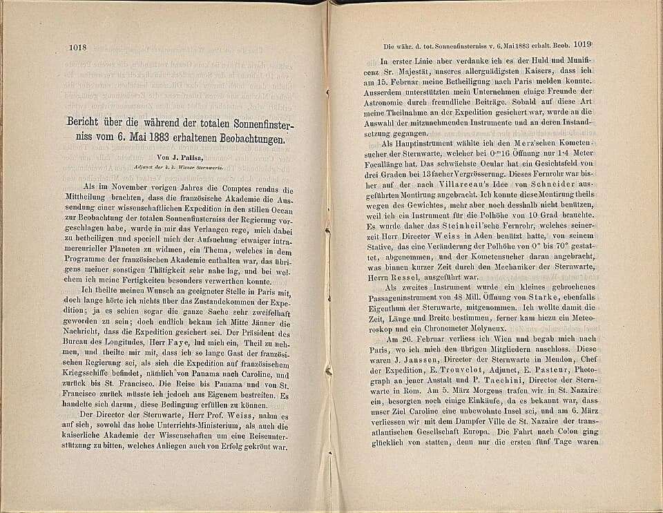 Johann Palisa - Bericht über die während der totalen Sonnenfinsternis vom 6. Mai 1883 erhaltenen Beobachtungen. Sitzungsbericht der kaiserlichen Akademie der Wissenschaften, 2. Abt., 88, 1883