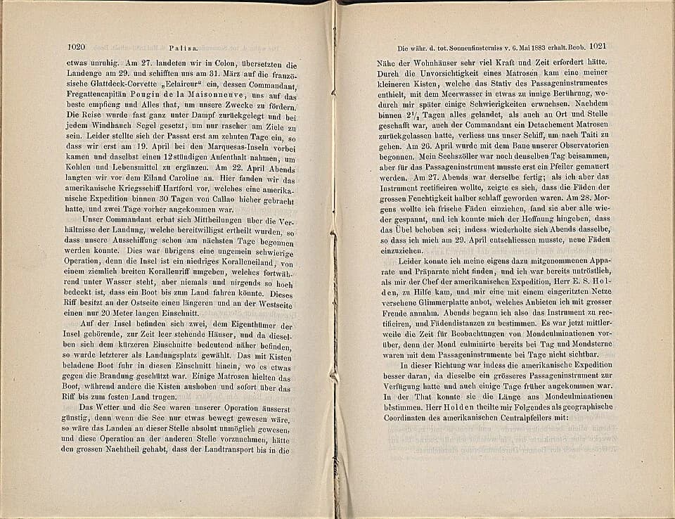 Johann Palisa - Bericht über die während der totalen Sonnenfinsternis vom 6. Mai 1883 erhaltenen Beobachtungen. Sitzungsbericht der kaiserlichen Akademie der Wissenschaften, 2. Abt., 88, 1883