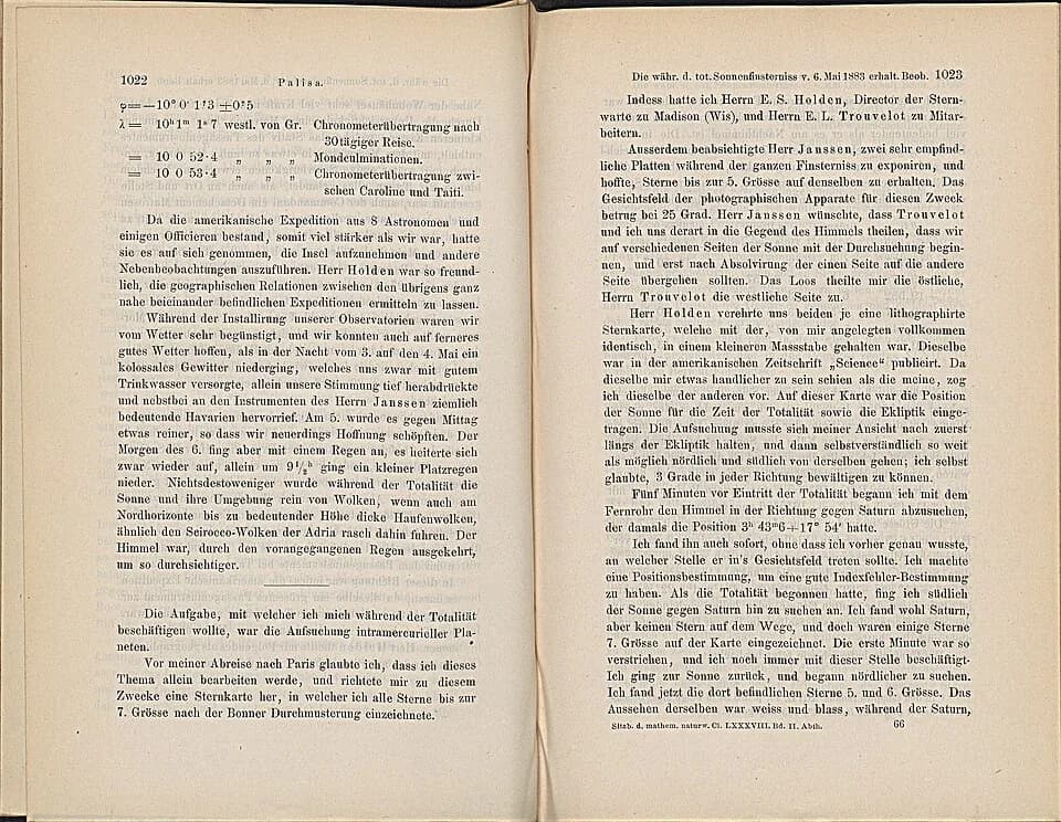 Johann Palisa - Bericht über die während der totalen Sonnenfinsternis vom 6. Mai 1883 erhaltenen Beobachtungen. Sitzungsbericht der kaiserlichen Akademie der Wissenschaften, 2. Abt., 88, 1883