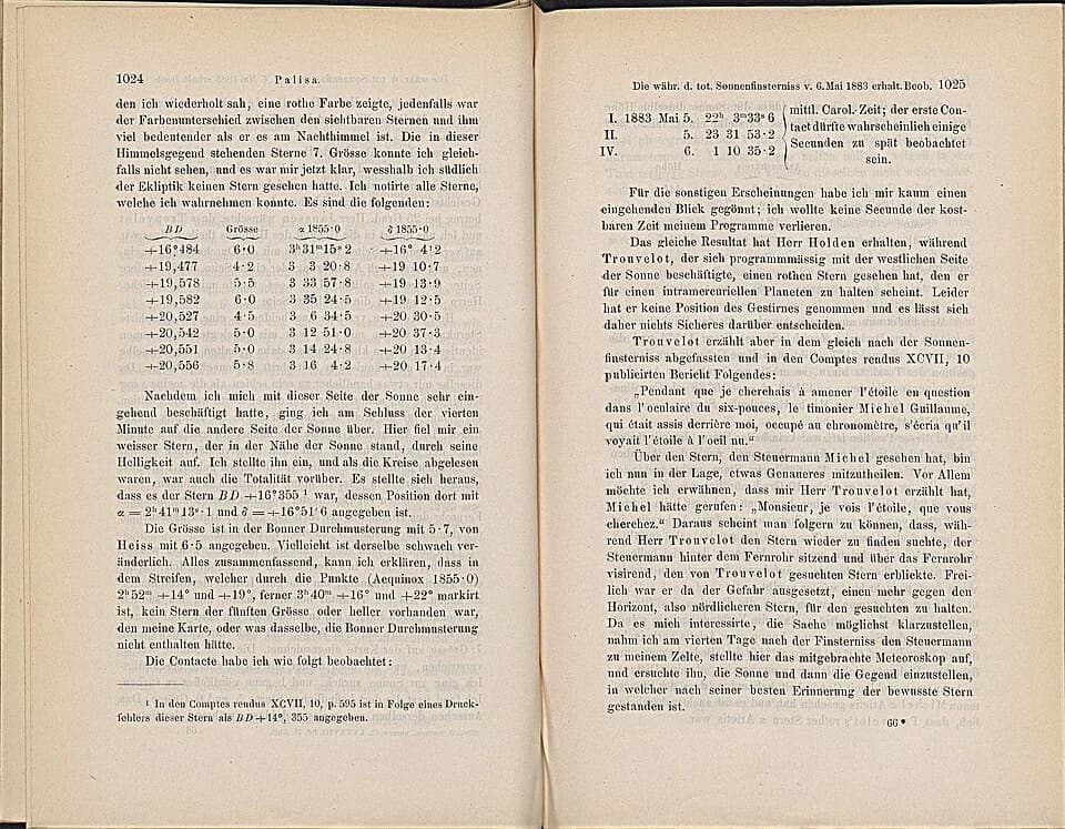 Johann Palisa - Bericht über die während der totalen Sonnenfinsternis vom 6. Mai 1883 erhaltenen Beobachtungen. Sitzungsbericht der kaiserlichen Akademie der Wissenschaften, 2. Abt., 88, 1883