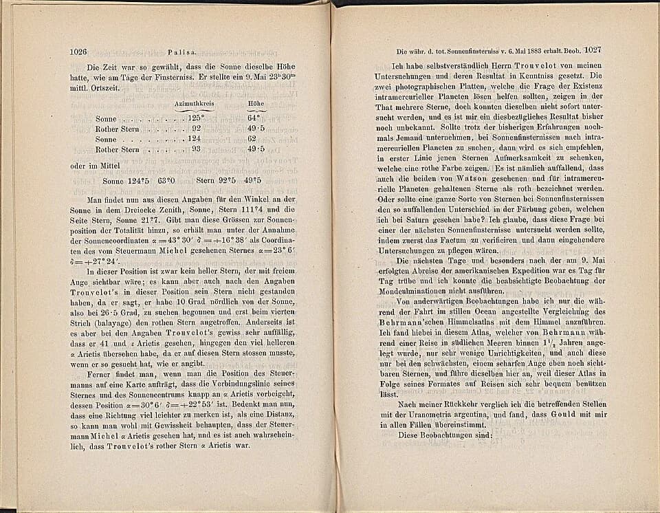 Johann Palisa - Bericht über die während der totalen Sonnenfinsternis vom 6. Mai 1883 erhaltenen Beobachtungen. Sitzungsbericht der kaiserlichen Akademie der Wissenschaften, 2. Abt., 88, 1883