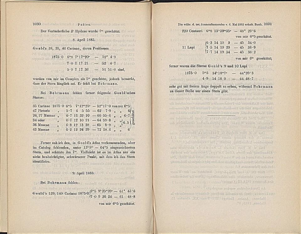 Johann Palisa - Bericht über die während der totalen Sonnenfinsternis vom 6. Mai 1883 erhaltenen Beobachtungen. Sitzungsbericht der kaiserlichen Akademie der Wissenschaften, 2. Abt., 88, 1883
