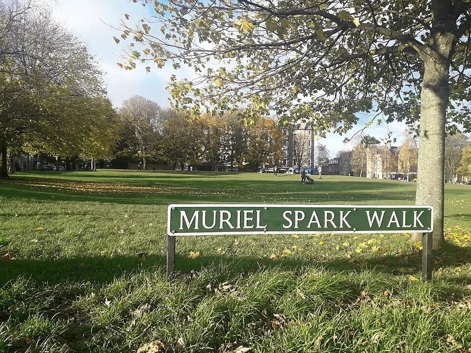 Muriel Spark - Muriel Spark Walk, on Bruntsfield Links, Edinburgh. In the background Bruntsfield Place and the top of Leamington Terrace.