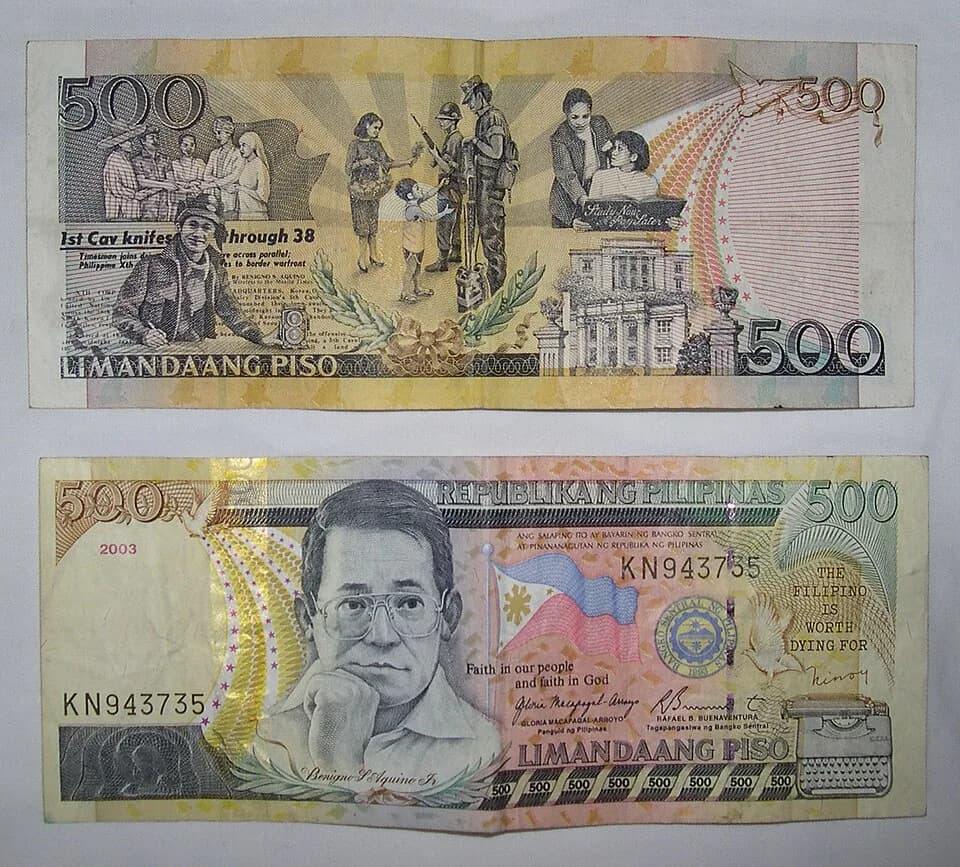 Ninoy Aquino - The front and back of a Philippine Peso bill of 500.

Picture taken by Magalhães on March 27th 2006