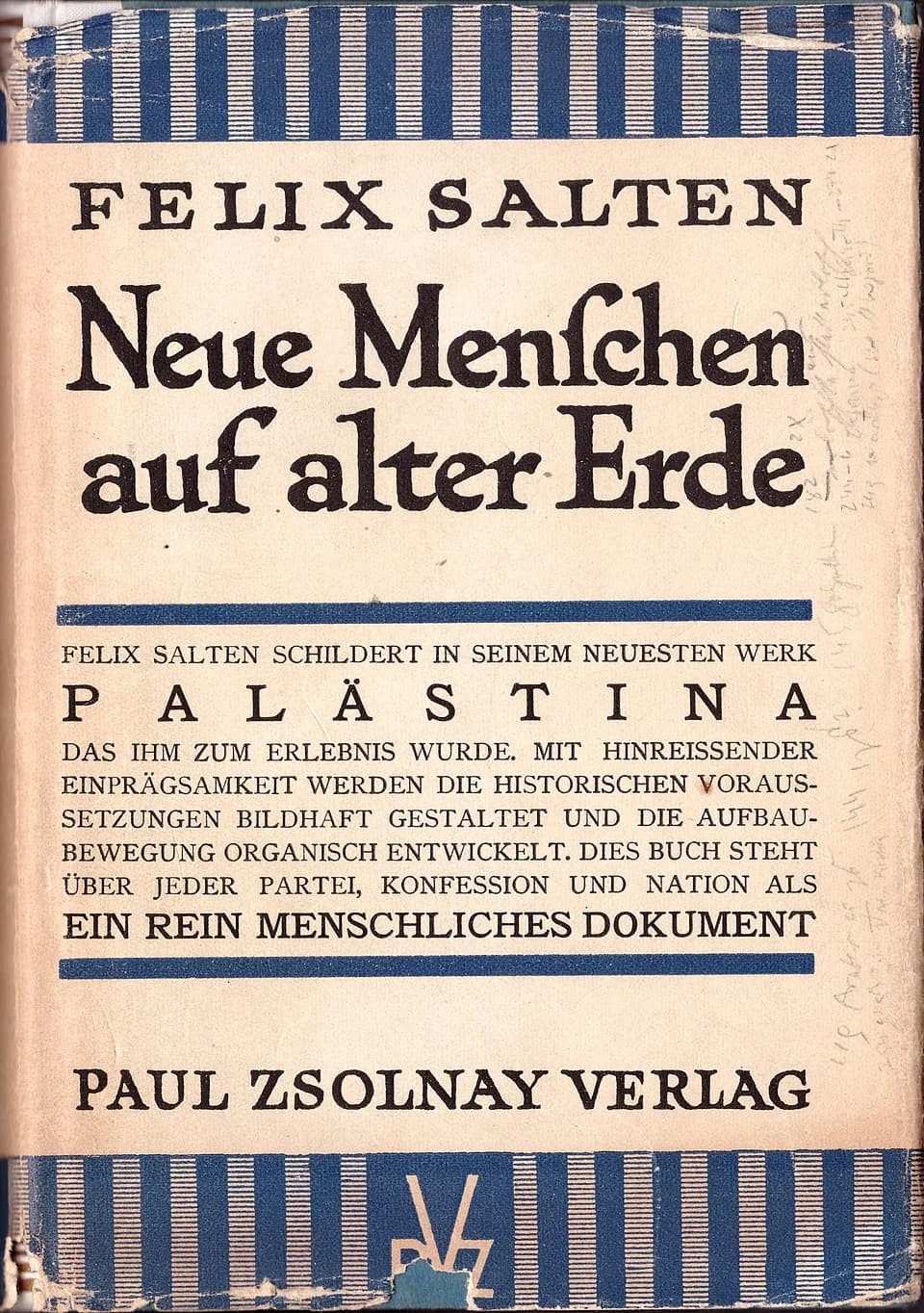 Felix Salten - Cover (dustjacket) of Felix Salten’s book Neue Menschen auf alter Erde.