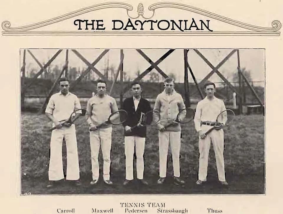 Charles J. Pedersen - Five tennis players with Charles J. Pedersen in the middle representing the 1926 University of Dayton tennis team