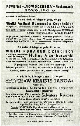 Władysław Szpilman - Poster advertising events in the Café Nowoczesna, Warsaw ghetto, 1941. One of the entertainers is the pianist Władysław Szpilman. See The Pianist (2002 film).