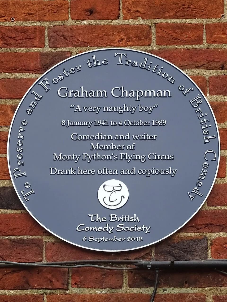 Graham Chapman - Blue plaque erected by The British Comedy Society on 6th September 2012 at The Angel Inn, 37 Highgate High Street, London N6 5JT