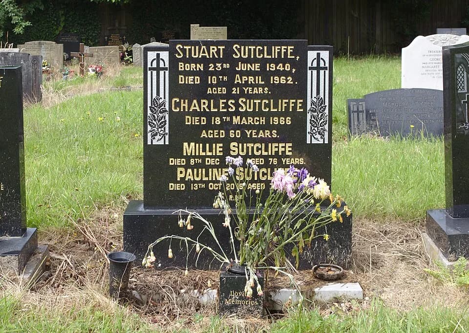 Stuart Sutcliffe - Gravestone of Stuart Sutcliffe, original bass player with The Beatles, in the churchyard of St Michael, Huyton.