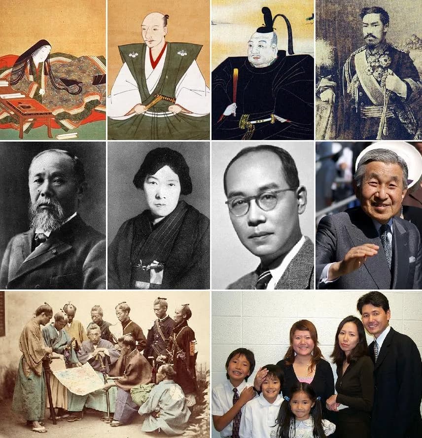 Akiko Yosano - Various Japanese people
From left to right of the upper section:

Murasaki Shikibu
Oda Nobunaga
Tokugawa Ieyasu
Emperor Meiji
From left to right of the middle section:

Hirobumi Itō
Aki
