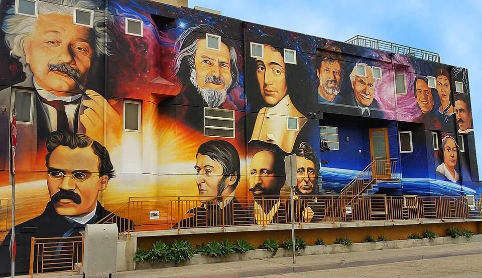 Alan Watts - Luminaries of Pantheism, Venice, California. Mural by Levi Ponce, design by Peter Moriarty, Conceived by Perry Rod. Commissioned by The Paradise Project.
