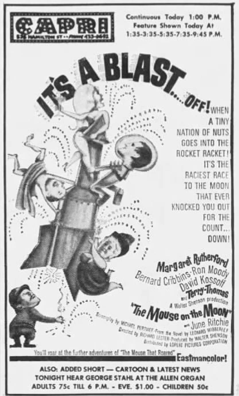 Margaret Rutherford - Capri Theater, American advertisement for the British film The Mouse on the Moon (1963) - 26 Oct. 1963 Morning Call, Allentown PA. The newspaper advert does not use any stills or