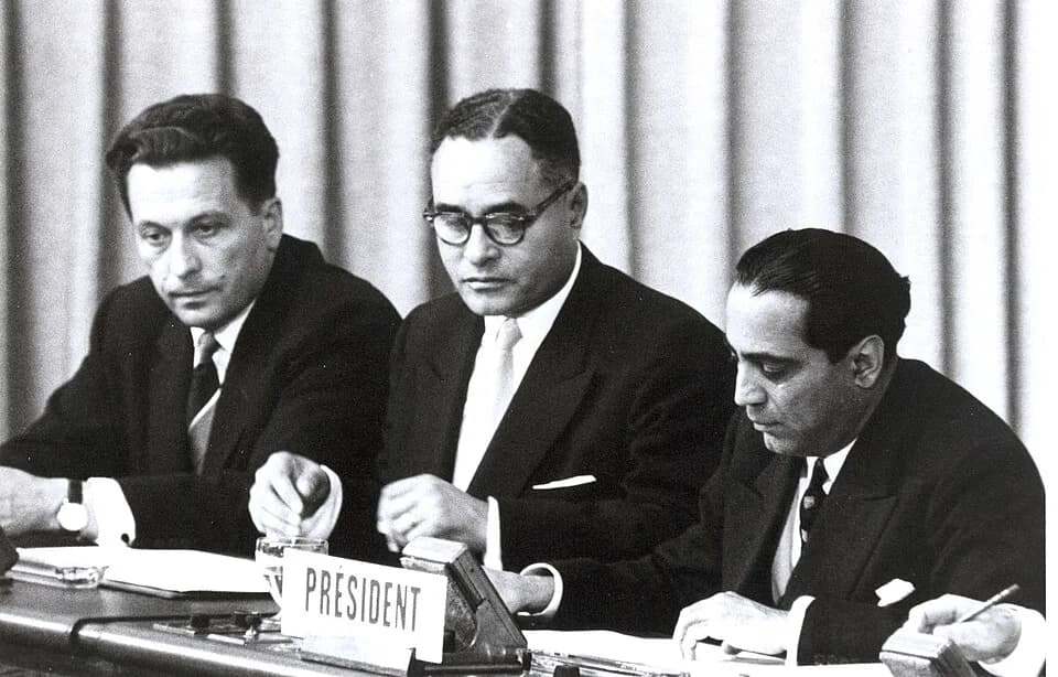 Homi Jehangir Bhabha - Seen here at the closing session of the International Conference on the Peaceful Uses of Atomic Energy which opened here on 8 August are (left to right), Mr. Ilya S. Tchernychev