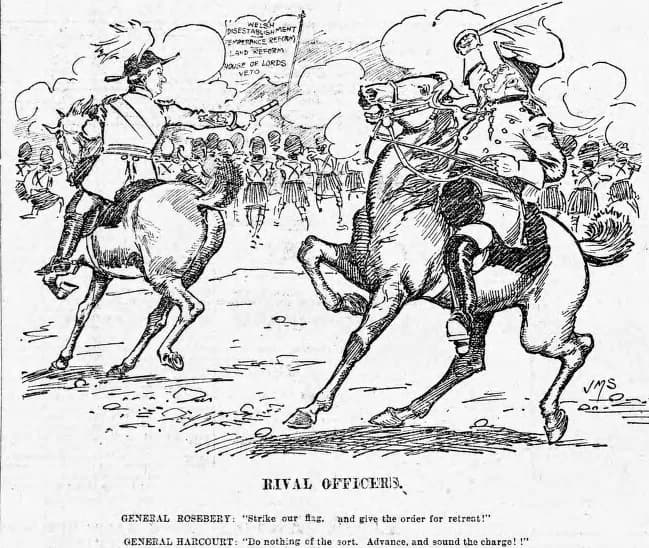 Archibald Primrose, 5th Earl of Rosebery - Political cartoon by JM Staniforth. Liberal party leaders, Archibald Primrose, 5th Earl of Rosebery and William Vernon Harcourt, are shown as generals contra