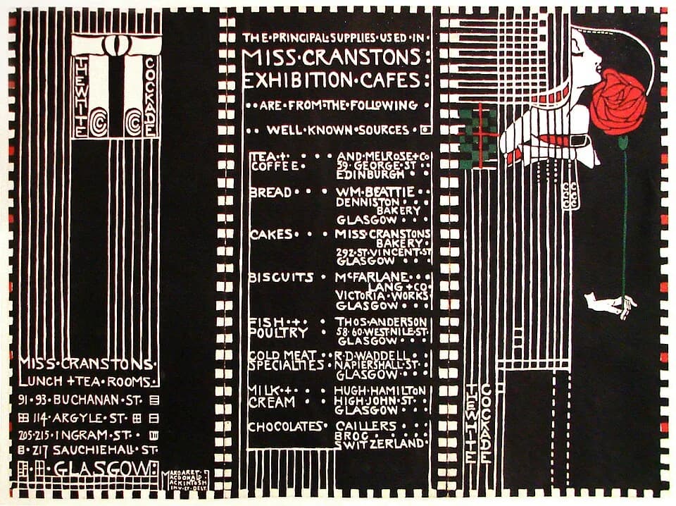 Charles Rennie Mackintosh - Ce menu du salon de thé de l'exposition écossaise de 1911 (White Cockade Tea Room) a été conçu par Margaret Macdonald.
Ce menu est exposé au centre d'interprétation de l'oe